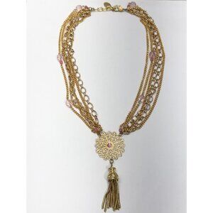 Vintage pink multi chain pink crystal filigree tassel necklace